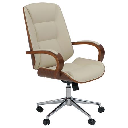 Silla de Oficina CLARIN, Grueso Acolchado, Elegante Diseño en Madera Nogal y Piel color Crema