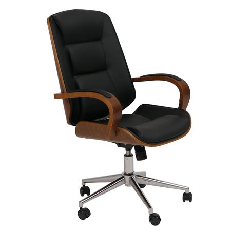Silla de Oficina CLARIN, Grueso Acolchado, Elegante Diseño en Madera Nogal y Piel color Negro