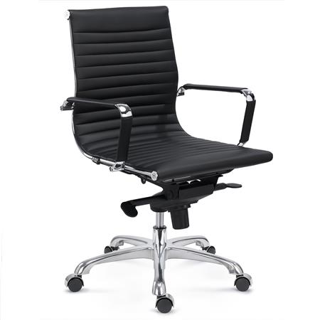 Silla de Oficina DORIS, Estructura Metálica Cromada, Respaldo Medio, Elegante Acabado, en Piel Negra