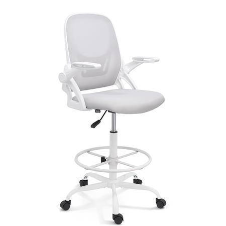 Taburete de Oficina GEAR, Brazos Abatibles, Reposapiés Ajustable, Soporte Lumbar, En Blanco y Gris