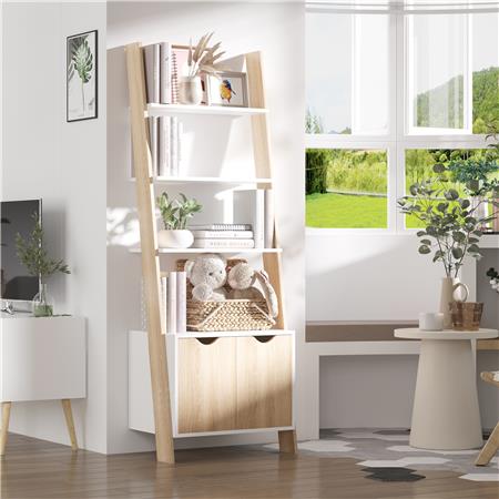 Estantería ONXA 60x40x171 cm, Diseño Moderno en Escalera, en Madera Blanco y Roble