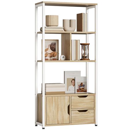 Estantería TERA, Dimensiones 58x24x122 cm, 4 Estantes Abiertos, 2 Cajones y 1 Puerta, en Madera color Blanco y Natural
