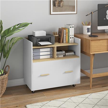 Armario auxiliar MISSI, 76x40x75,5 cm, con Ruedas, en Madera, color Blanco y Roble