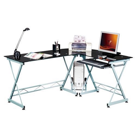 DEMO# Mesa de Oficina en Cristal templado Negro muy amplio EXPERT, diseño moderno, con soporte PC, 75 x 160 cm