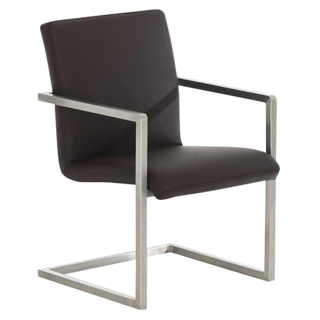 Silla de Confidente OWEN, Estructura de Acero Inoxidable, Exclusivo Diseño, Tapizada en Piel color Marrón oscuro