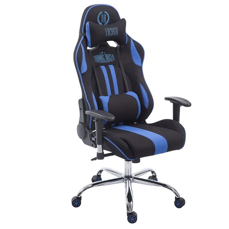 Silla Gaming LOGAN TELA, Respaldo Reclinable, Cojines Incluidos, Base de Metal, En Negro/Azul