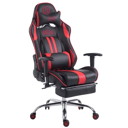 Silla Gaming LOGAN con Reposapiés, Respaldo Reclinable, Cojines Incluidos, Base de Metal, En Negro/Rojo