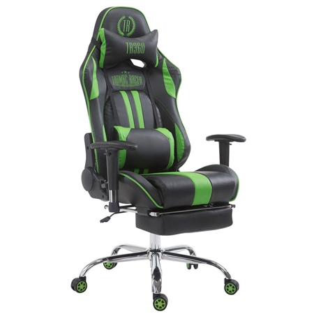 Silla Gaming LOGAN con Reposapiés, Respaldo Reclinable, Cojines Incluidos, Base de Metal, En Negro/Verde