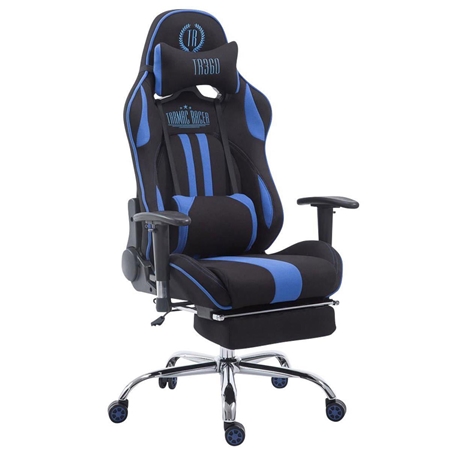 Silla Gaming LOGAN TELA con Reposapiés, Respaldo Reclinable, Cojines Incluidos, Base de Metal, En Negro/Azul