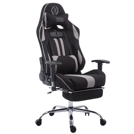 Silla Gaming LOGAN TELA con Reposapiés, Respaldo Reclinable, Cojines Incluidos, Base de Metal, En Negro/Gris