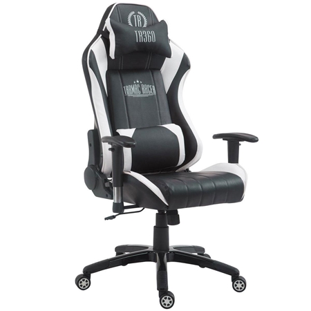 Silla Gaming TURBO, Respaldo Reclinable, Cojines Lumbar y Cervical, En Piel Negro/Blanco