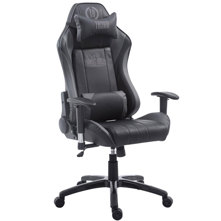 Silla Gaming TURBO, Respaldo Reclinable, Cojines Lumbar y Cervical, En Piel Negro/Gris