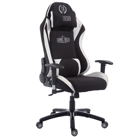 Silla Gaming TURBO TELA, Respaldo Reclinable, Cojines Lumbar y Cervical, En Negro/Blanco