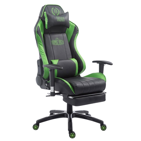 Silla Gaming TURBO con Reposapiés, Respaldo Reclinable, Cojines Lumbar y Cervical, En Piel Negro/Verde