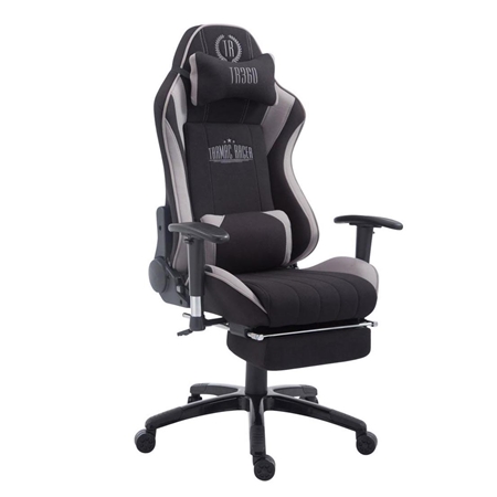 Silla Gaming TURBO TELA con Reposapiés, Respaldo Reclinable, Cojines Lumbar y Cervical, En Negro/Gris