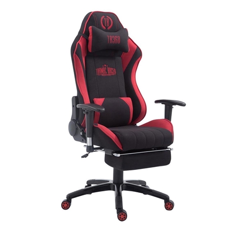 Silla Gaming TURBO TELA con Reposapiés, Respaldo Reclinable, Cojines Lumbar y Cervical, En Negro/Rojo