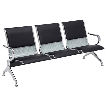 Bancada 3 Asientos AUREA, Estructura Metal, Asiento en Metal Gris plata y Piel Negra