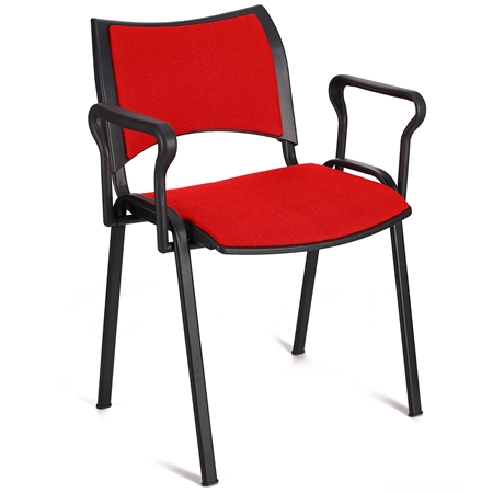 Silla de Confidente ROMEL CON BRAZOS, Cómodo Acolchado, Apilable, Patas Negras, en Tela Roja