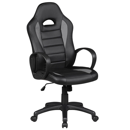 Silla Gaming CHAM, Diseño Deportivo, Gran Confort, en Piel Negra y Gris