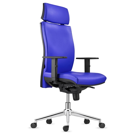 Silla Ergonómica MARVEL, Piel Azul, Base Metálica, Reposacabezas y Soporte Lumbar