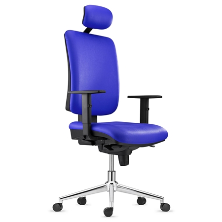 Silla Ergonómica PIERO, con Base Metálica, en Piel color Azul, Brazos Ajustables y Reposacabezas