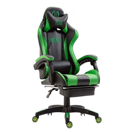 Silla Gaming POKER con Reposapiés, Cojines Lumbar y Cervical, En Piel Verde