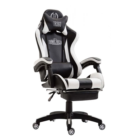 Silla Gaming POKER con Reposapiés, Cojines Lumbar y Cervical, En Piel Blanca