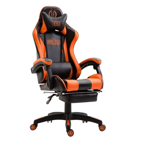 Silla Gaming POKER con Reposapiés, Cojines Lumbar y Cervical, En Piel Naranja