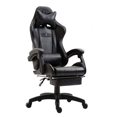 Silla Gaming POKER con Reposapiés, Cojines Lumbar y Cervical, En Piel Negra