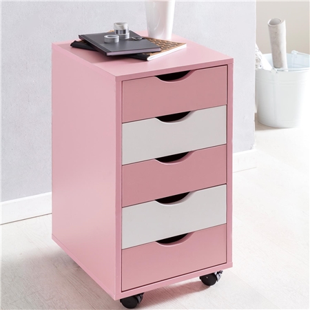 Archivador con Ruedas CLOVER, 5 Cajones, Dimensiones 33x38x68 cm, Color Rosa y Blanco