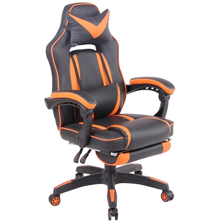 Silla Gaming MARQUEZ, Exclusivo Diseño, Cojines Lumbar y Cervical, En Piel Naranja y Negro