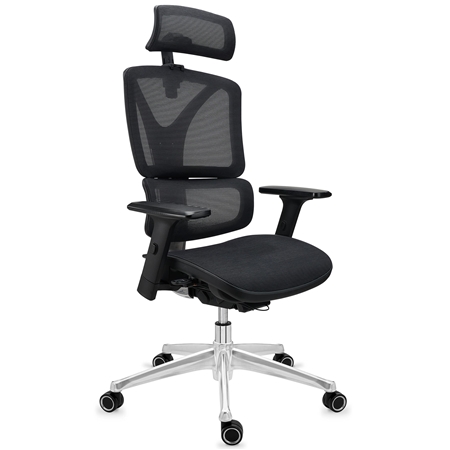 DEMO# Silla Ergonómica APOLO, Máxima ergonomía, Estructura Metálica Cromada, Uso 8h, Malla Negra