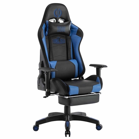 Silla Gaming TURBO LED PIEL, Respaldo Reclinable, Reposapiés, Cojines Lumbar y Cervical, en Negro/Azul