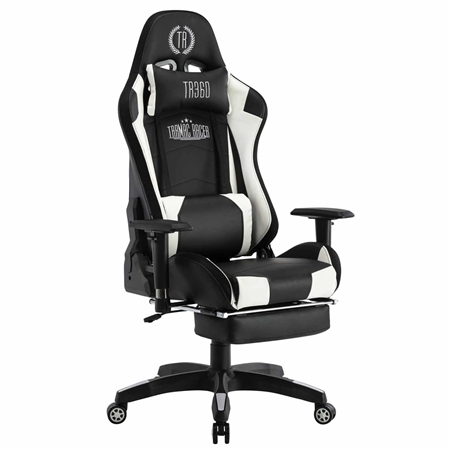 Silla Gaming TURBO LED PIEL, Respaldo Reclinable, Reposapiés, Cojines Lumbar y Cervical, en Negro/Blanco