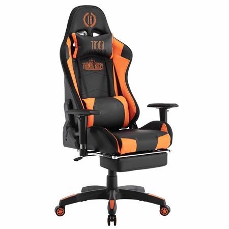 Silla Gaming TURBO LED PIEL, Respaldo Reclinable, Reposapiés, Cojines Lumbar y Cervical, en Negro/Naranja