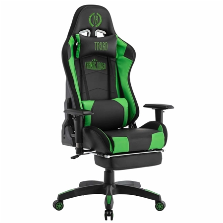 Silla Gaming TURBO LED PIEL, Respaldo Reclinable, Reposapiés, Cojines Lumbar y Cervical, en Negro/Verde