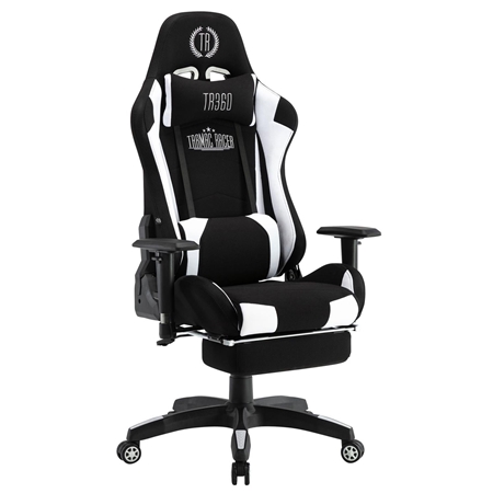 Silla Gaming TURBO LED TELA, Respaldo Reclinable, Reposapiés, Cojines Lumbar y Cervical, en Negro/Blanco