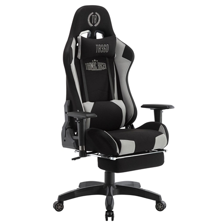 Silla Gaming TURBO LED TELA, Respaldo Reclinable, Reposapiés, Cojines Lumbar y Cervical, en Negro/Gris