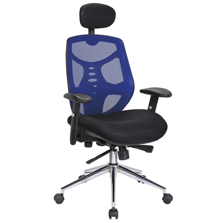 DEMO# Silla Ergonómica MANTRA, Reposacabezas, Espectacular Respaldo, Brazos Regulables, Uso 8H, Azul