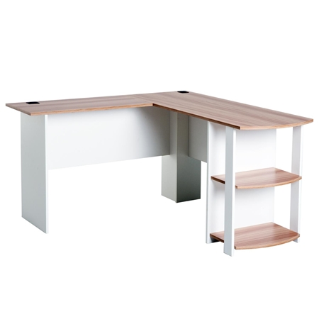 DEMO# Mesa de Oficina DAVEN, 136x130x72 cm, con Estantes, en Madera color Blanco y Nogal