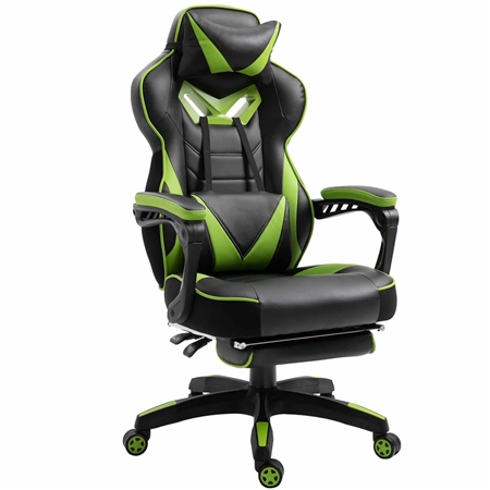 Silla Gaming TRONE con Reposapiés, Reclinable, Cojines Lumbar y Cervical, en Piel color Negro/Verde