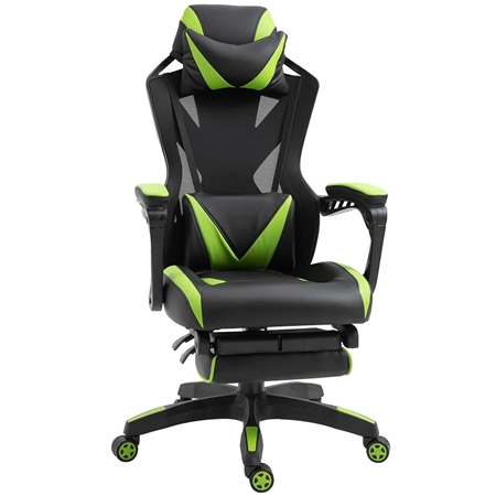 Silla Gaming BLUR, con Reposapiés, Reclinable, Cojines Lumbar y Cervical, en Piel y Malla color Negro/Verde