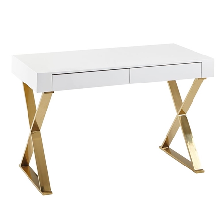 Mesa de Ordenador VERONA, 118x57x76 cm, Diseño Exclusivo, color Blanco y Dorado