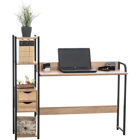Mesa de Oficina SIDE, con Cajones y Estantes, 124x40x111 cm, en Metal y Madera color Roble