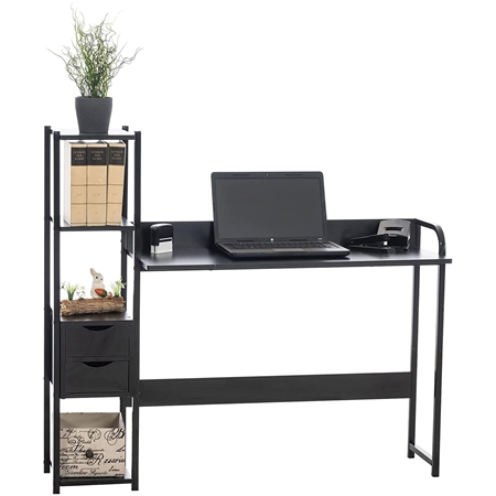 Mesa de Oficina SIDE, con Cajones y Estantes, 124x40x111 cm, en Metal y Madera color Negro