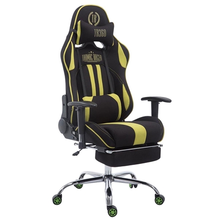 DEMO# Silla Gaming LOGAN TELA con Reposapiés, Respaldo Reclinable, Cojines Incluidos, Base de Metal, En Negro/Verde