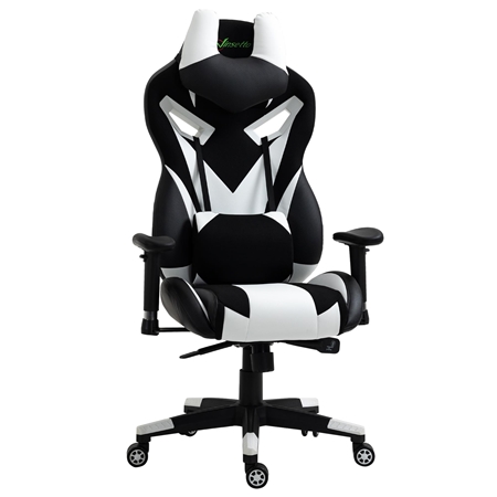 Silla Gaming URUS, Reclinable, Cojines Lumbar y Cervical, en Tela y Piel, Negra y Blanco