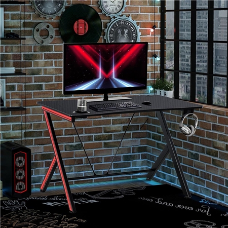 Mesa Gaming SAMUS, 120x60x75 cm, con Posavasos, Gancho para Auriculares y Pasacables, color Negro
