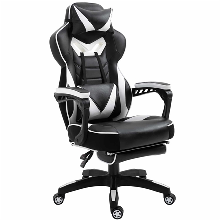 DEMO# Silla Gaming TRONE con Reposapiés, Reclinable, Cojines Lumbar y Cervical, en Piel color Negro/Blanco