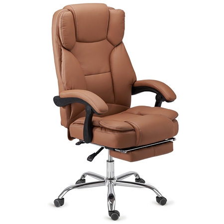 Sillón de Oficina LINCON, Muy Cómodo y Ergonómico, Reposapiés Extensible, Piel Marrón Claro